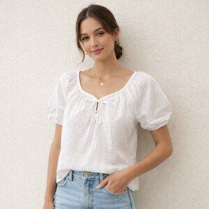 J.Crew White Gauze Puff Sleeve Peasant Blouse Cottagecore Top Size M